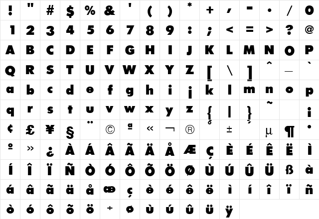 Futura ICG XBold  glyph index