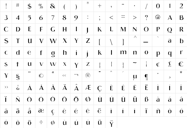 Julius Light Regular  glyph index