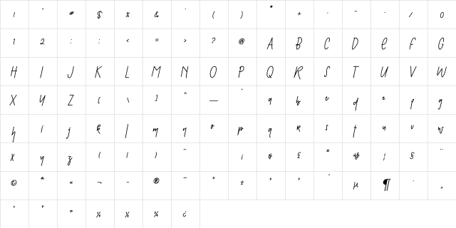Hello Pretty Regular  glyph index