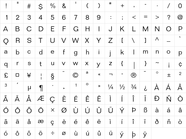 Folio Light  glyph index