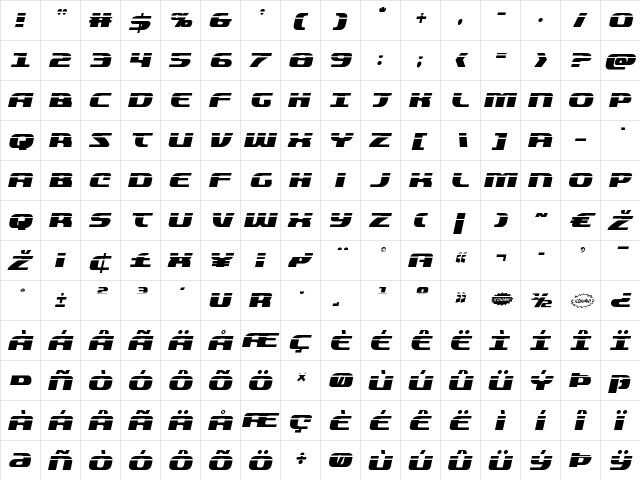 Quickening Laser Italic Italic  glyph index