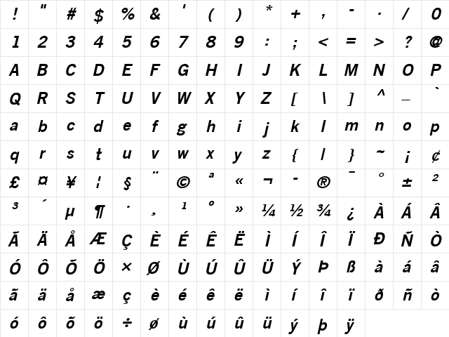 TradeGothic LT BdTwoOblique Regular  glyph index