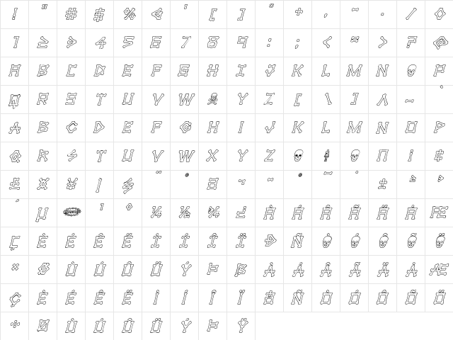 xBONES Outline Italic Outline Italic  glyph index