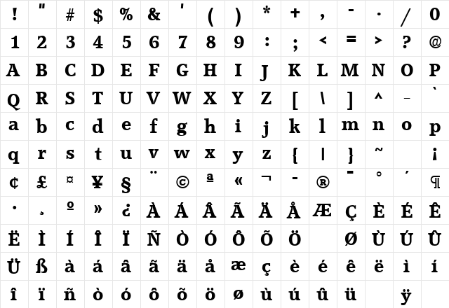 Accolade Bold  glyph index