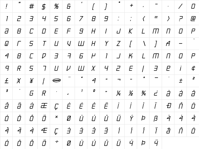 Escape Artist Bold Semi-Italic Bold Semi-Italic  glyph index