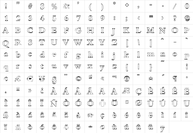 JoshuaBeckerOutline Bold  glyph index