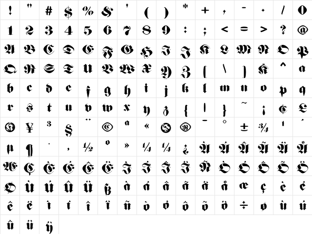 GermanFatman Regular  glyph index