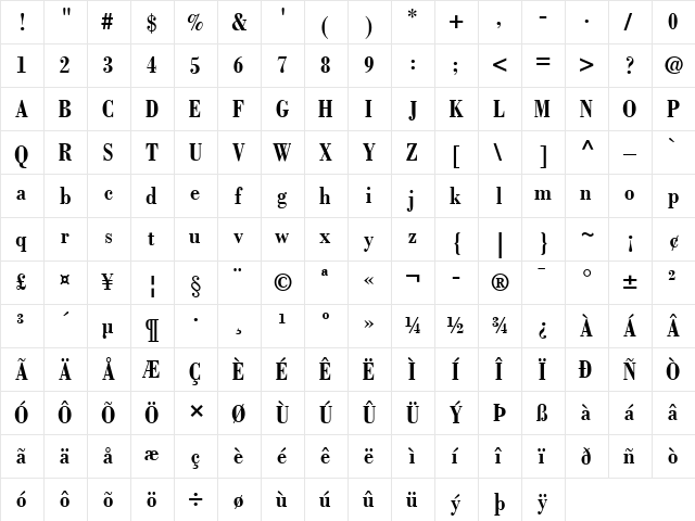 Bodoni LT BoldCondensed Regular  glyph index