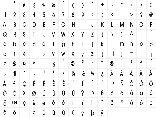 Atilla Thin Bold  glyph index