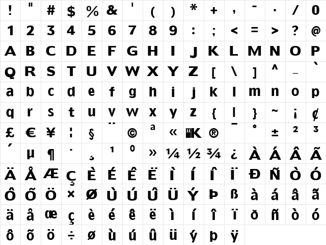 SansFat Regular  glyph index