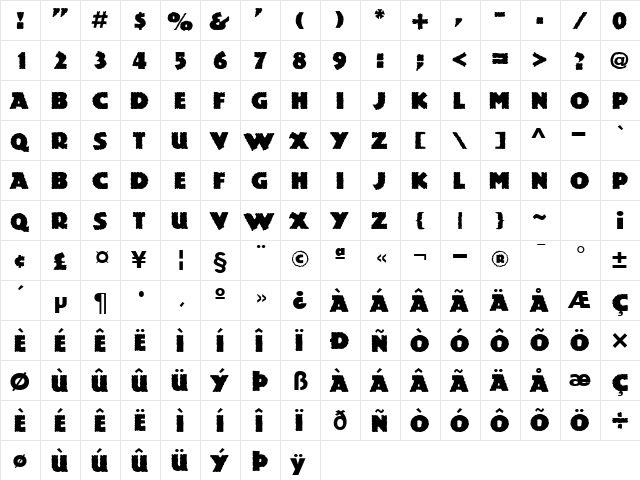 Rockstone Regular  glyph index