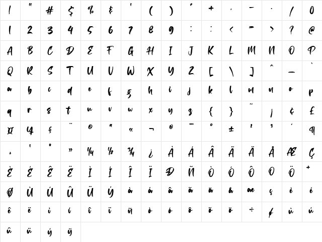Angeater Regular  glyph index
