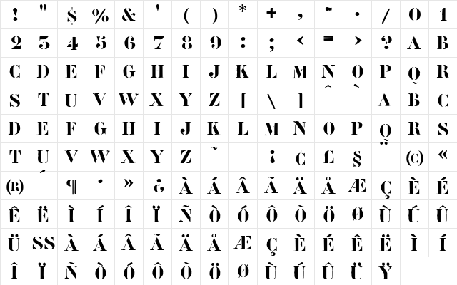 Roadcase Regular  glyph index