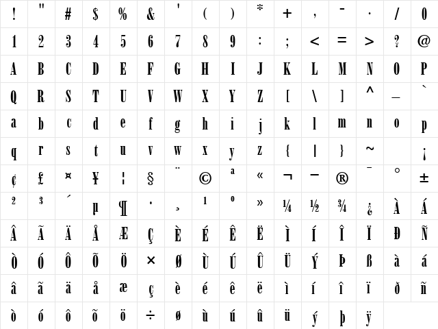 BodoniPosterCondSSK Regular  glyph index