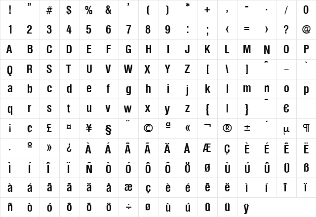 Olympia-DemiBoldCond Regular  glyph index