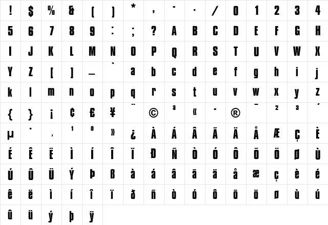 Compacta MT Bold  glyph index