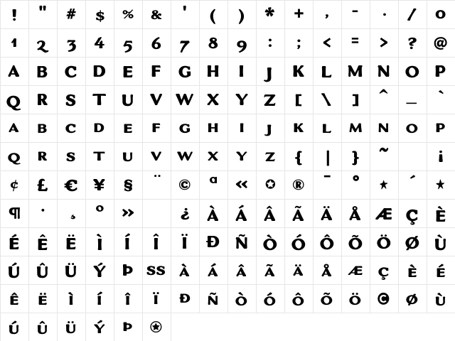 VenisSmall Caps ExtraBold Regular  glyph index