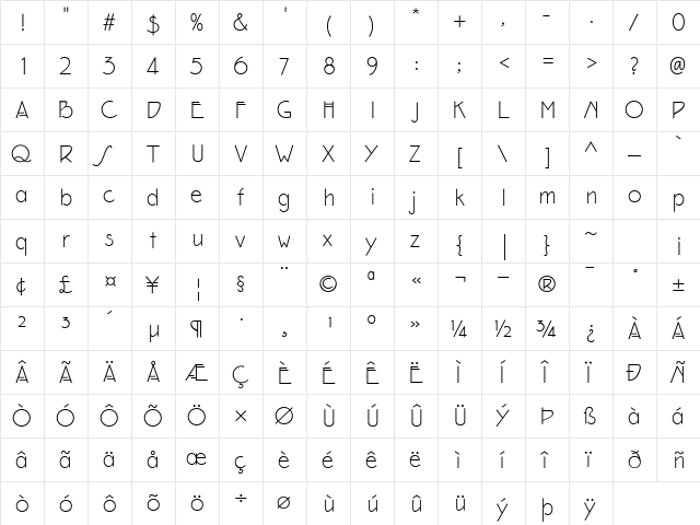 Eaglefeather Light  glyph index