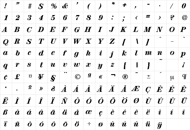 Valencia-Serial-Heavy RegularItalic  glyph index