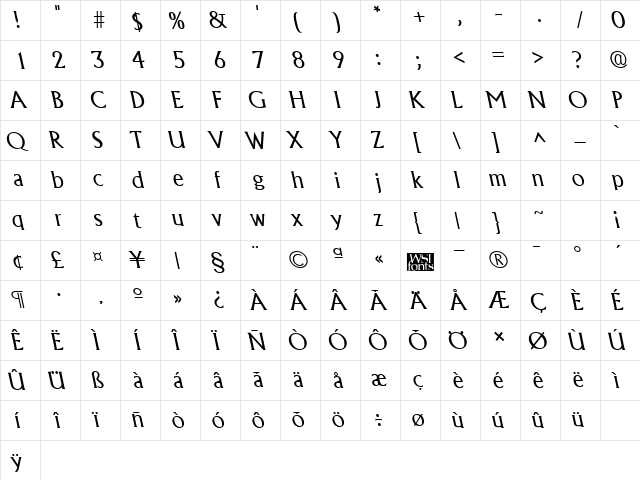 AlbertaBackslantLight Regular  glyph index