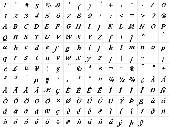 Caxton Std Bold Italic  glyph index