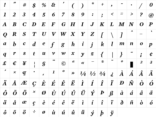 Mercury Text G4 SemiBold Italic  glyph index