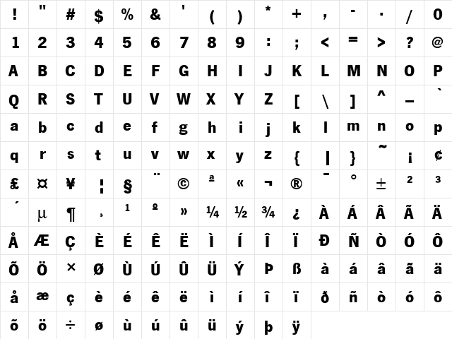 News Gothic T Bold  glyph index