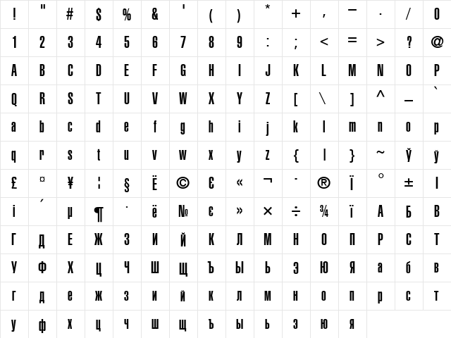 HeliosUltraCompressed Regular  glyph index