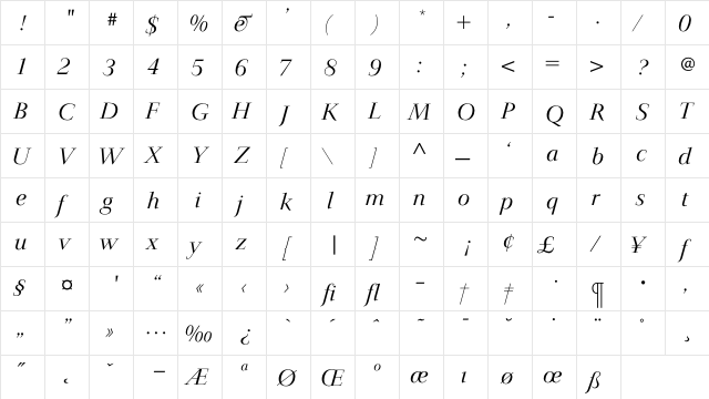 JardineLightItalic Regular  glyph index