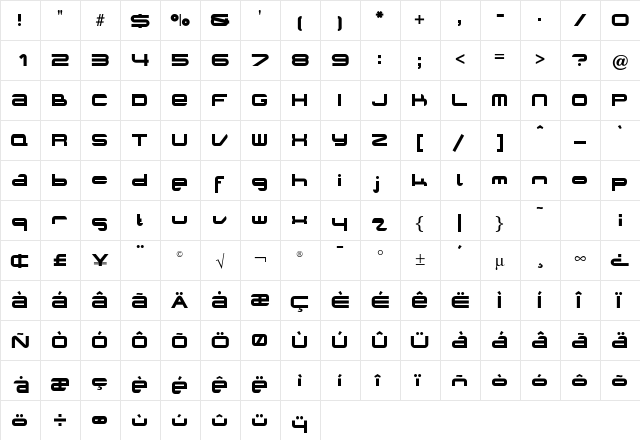 Planet Opti Regular  glyph index