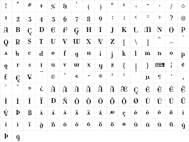 Rina Regular  glyph index