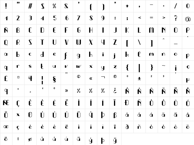 Valentino Regular  glyph index