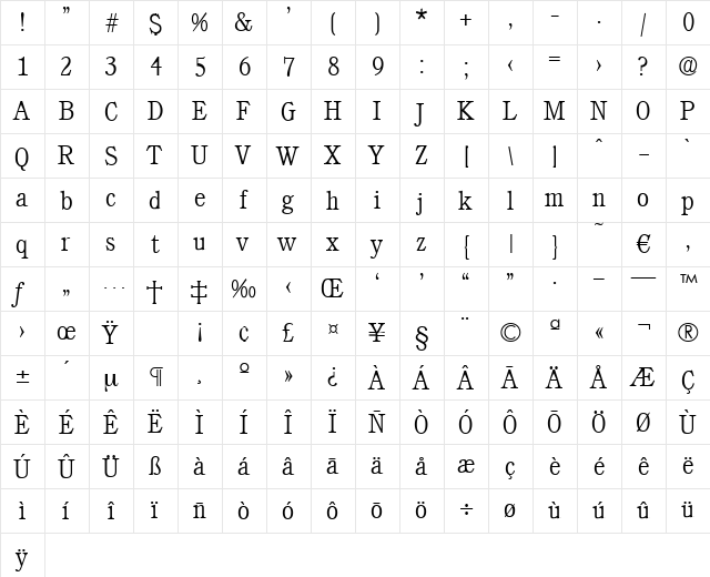 Calgary-Xlight Regular  glyph index