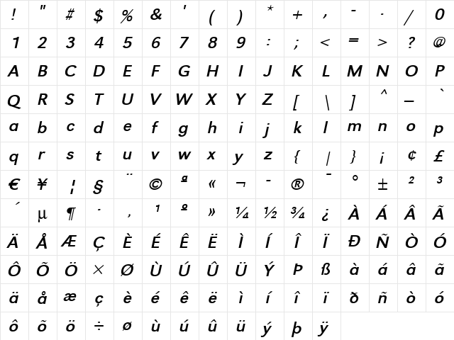 TomBeckerWide Italic  glyph index