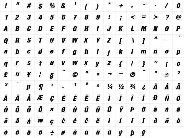 Helvetica97-CondensedBlack BlackItalic  glyph index