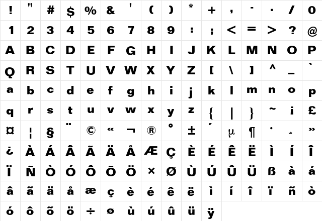 Folio BQ Regular  glyph index