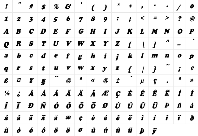 CooperCndObl-Heavy Regular  glyph index