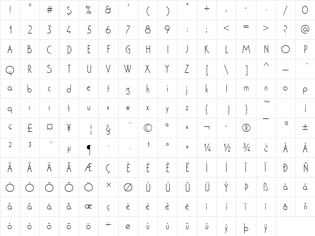 WashingtonDLig Regular  glyph index