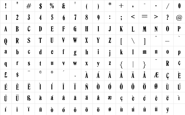 OPTIRomana-Estrecha Regular  glyph index