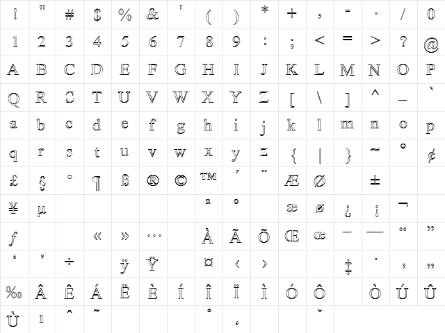 LikeTimesNewRomanHollow Regular  glyph index