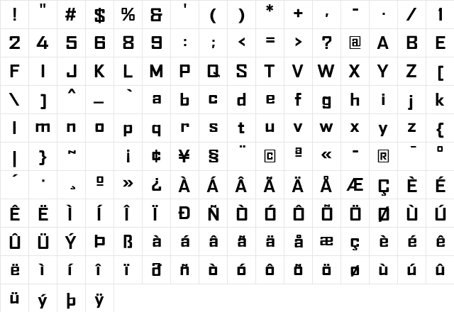 AgencyFB Bold Wide Regular  glyph index