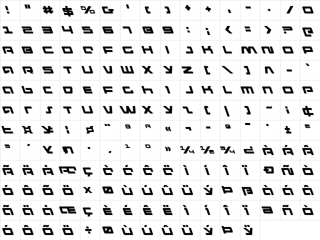 Pulse Rifle Leftalic Italic  glyph index
