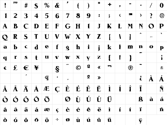 NevadaRandom-Xbold Regular  glyph index