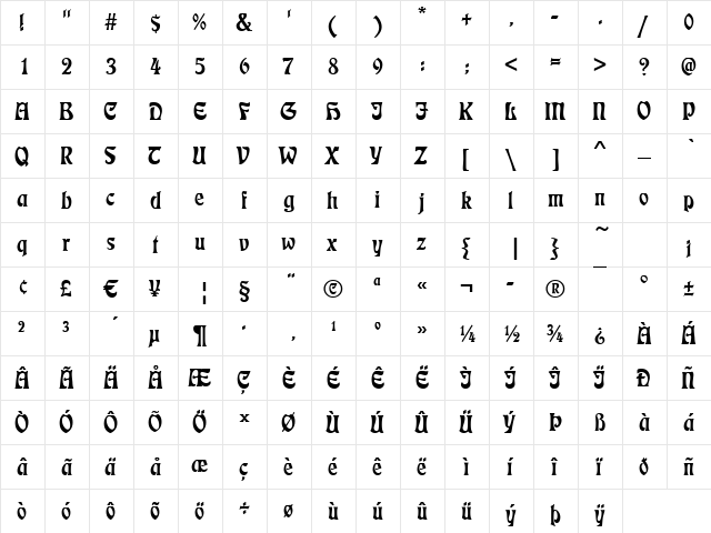 Etienne Regular  glyph index