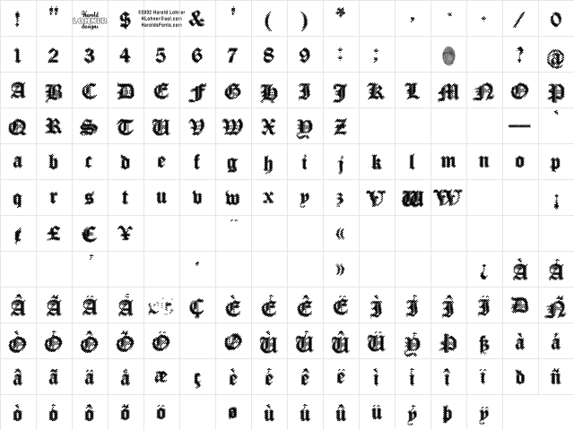 PalimpsestBlack Regular  glyph index