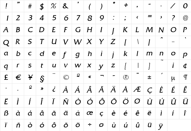 DennisBecker-Light Italic  glyph index