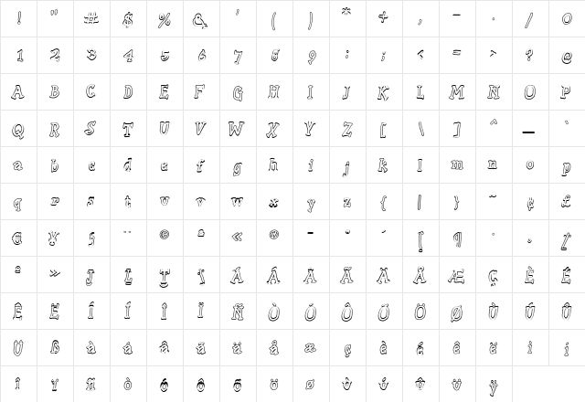 SlabSerifWrittenOutline Regular  glyph index