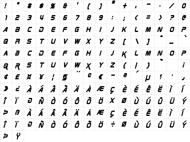 Zebulon Condensed Bold Italic  glyph index