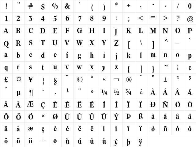 Concorde BE Medium Condensed  glyph index