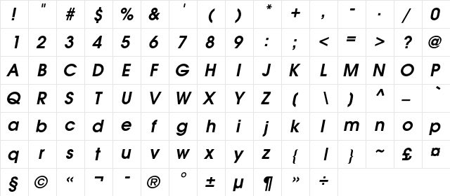 AGAvalancheC Bold Italic  glyph index